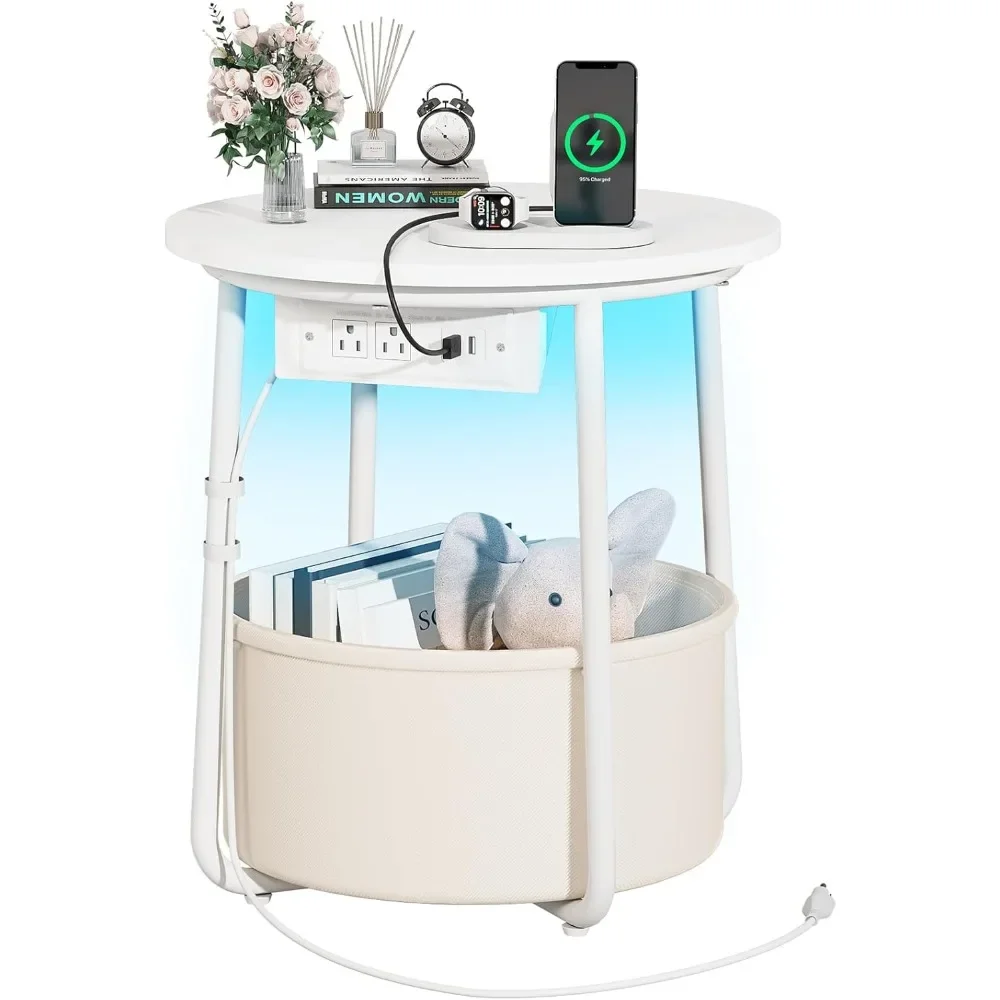 LED bedside table with charging station, circular edge table with fabric basket in the living room
LED bedside table with charging station, circular edge table with fabric basket in the living room