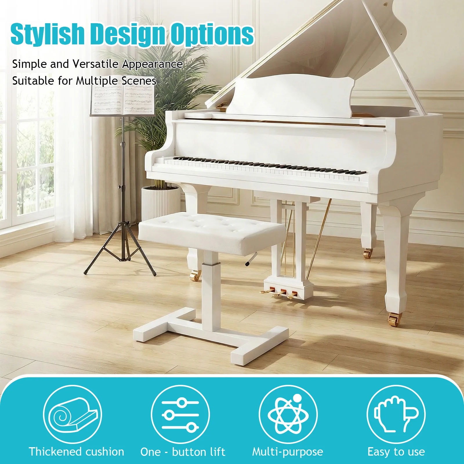 Hydraulic Lifting Keyboard Bench Height Adjustable Music Stool with PU Leather Sponge Cushion for Vanity Living Room Bedroom
Hydraulic Lifting Keyboard Bench Height Adjustable Music Stool with PU Leather Sponge Cushion for Vanity Living Room Bedroom