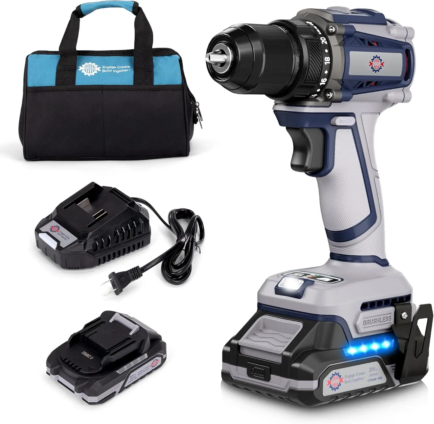 20V Brushless Cordless Drill, 620 in-lbs Torque, 3/8" Keyless Chuck, 20+1 Clutch, 2.0Ah Battery
20V Brushless Cordless Drill, 620 in-lbs Torque, 3/8" Keyless Chuck, 20+1 Clutch, 2.0Ah Battery