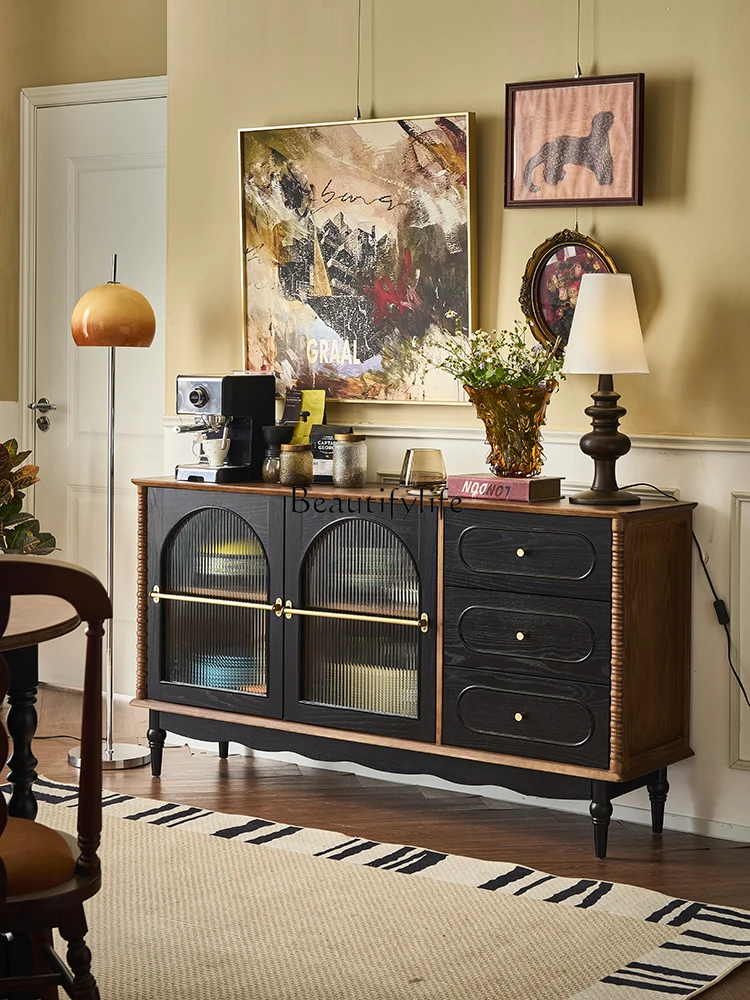 French retro solid wood dining side cabinet small apartment integrated storage cabinet against the wall
French retro solid wood dining side cabinet small apartment integrated storage cabinet against the wall
