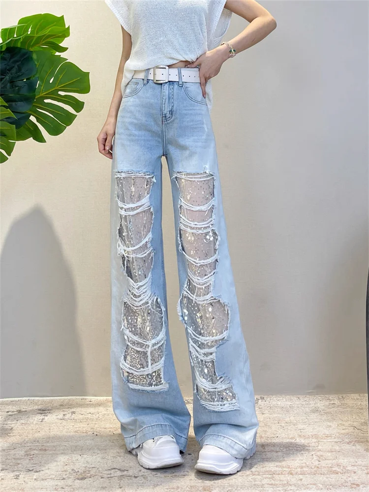 Lace Embellished Ripped Jeans Women Summer 2025 Thin Wide Leg Trousers High Waist Straight Narrow Fit Denim Pants
Lace Embellished Ripped Jeans Women Summer 2025 Thin Wide Leg Trousers High Waist Straight Narrow Fit Denim Pants