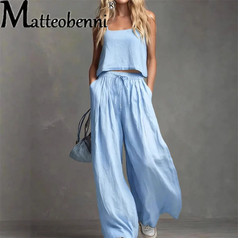 2026 Women Linen Cotton 2 Piece Set Casual Solid Cami Top + Wide Leg Pants Elastic Waist Loose Outfit for Summer Beach Vacation
2026 Women Linen Cotton 2 Piece Set Casual Solid Cami Top + Wide Leg Pants Elastic Waist Loose Outfit for Summer Beach Vacation