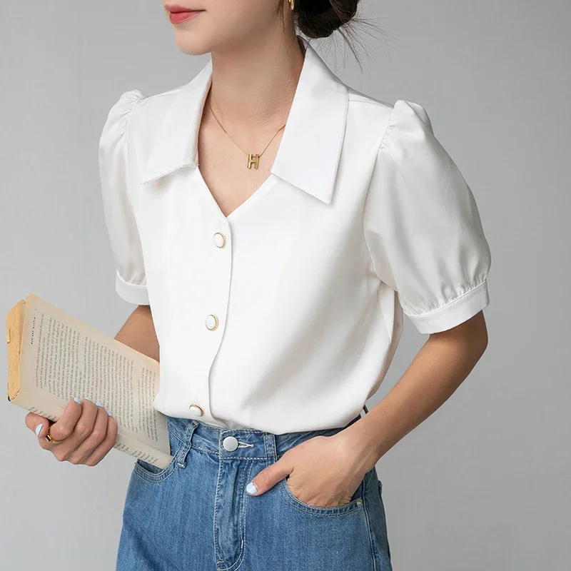 Summer Elegant Satin Puff Sleeve Women's Blouses 2025 New White Short Sleeve V-neck Casual Loose Office Lady Shirts Female
Summer Elegant Satin Puff Sleeve Women's Blouses 2025 New White Short Sleeve V-neck Casual Loose Office Lady Shirts Female