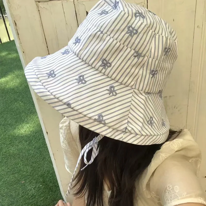 Summer Outdoor Travel Vacation Big Brim Sunshade Sun Cap Small Fresh Bow Embroidered Stripes Sweet Lace-up Foldable Bucket Hats
Summer Outdoor Travel Vacation Big Brim Sunshade Sun Cap Small Fresh Bow Embroidered Stripes Sweet Lace-up Foldable Bucket Hats