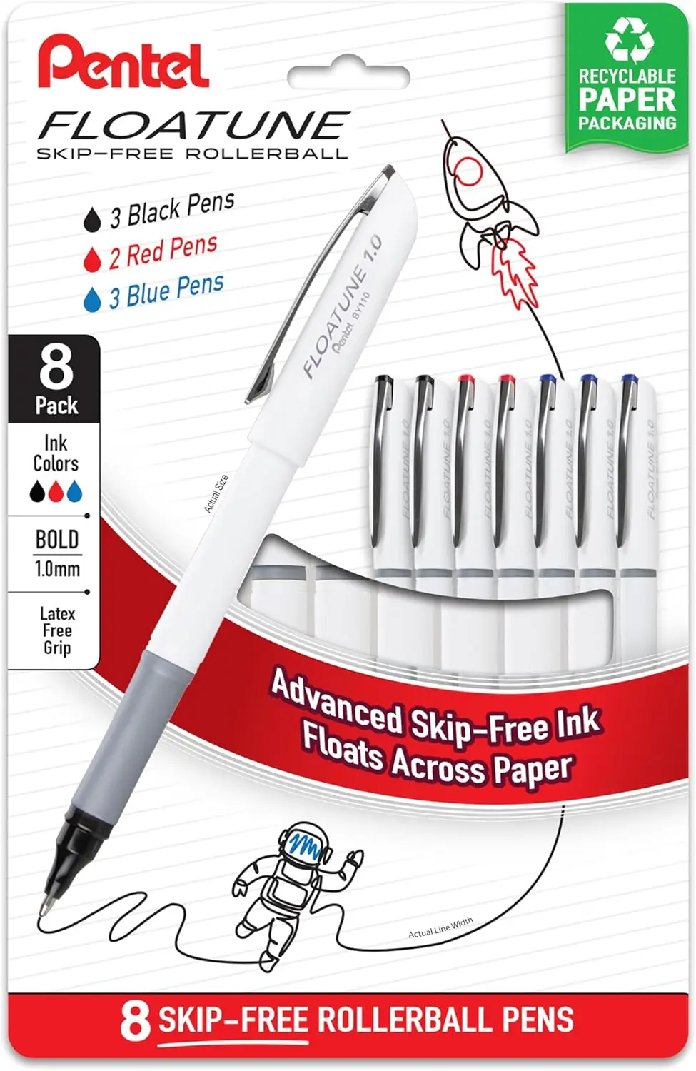 Pentel Floatune Rollerball Pen 1.0mm Bold Point, Black/Blue/Red Ink, Pack of 8 for Smooth Writing
Pentel Floatune Rollerball Pen 1.0mm Bold Point, Black/Blue/Red Ink, Pack of 8 for Smooth Writing