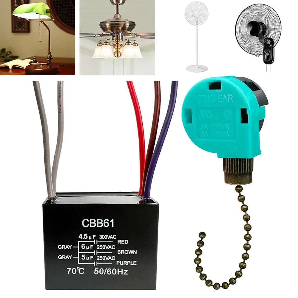 Ceiling Fans Control Switch Ceiling Fan Capacitor 3 Speed 4 Wire Fan Pull Chain Switch CBB61 4.5uf + 6uf + 5uf for Fan and Light
Ceiling Fans Control Switch Ceiling Fan Capacitor 3 Speed 4 Wire Fan Pull Chain Switch CBB61 4.5uf + 6uf + 5uf for Fan and Light