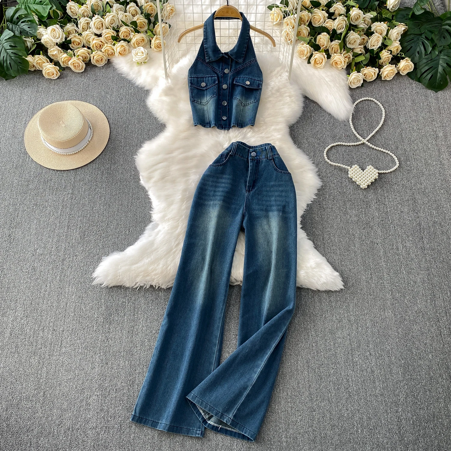 2025 New Vintage Women Denim Suits Sexy Slim Backless Tank Tops+High Waist Wide Leg Jeans Fashion Spicy Girls 2Pcs Set
2025 New Vintage Women Denim Suits Sexy Slim Backless Tank Tops+High Waist Wide Leg Jeans Fashion Spicy Girls 2Pcs Set