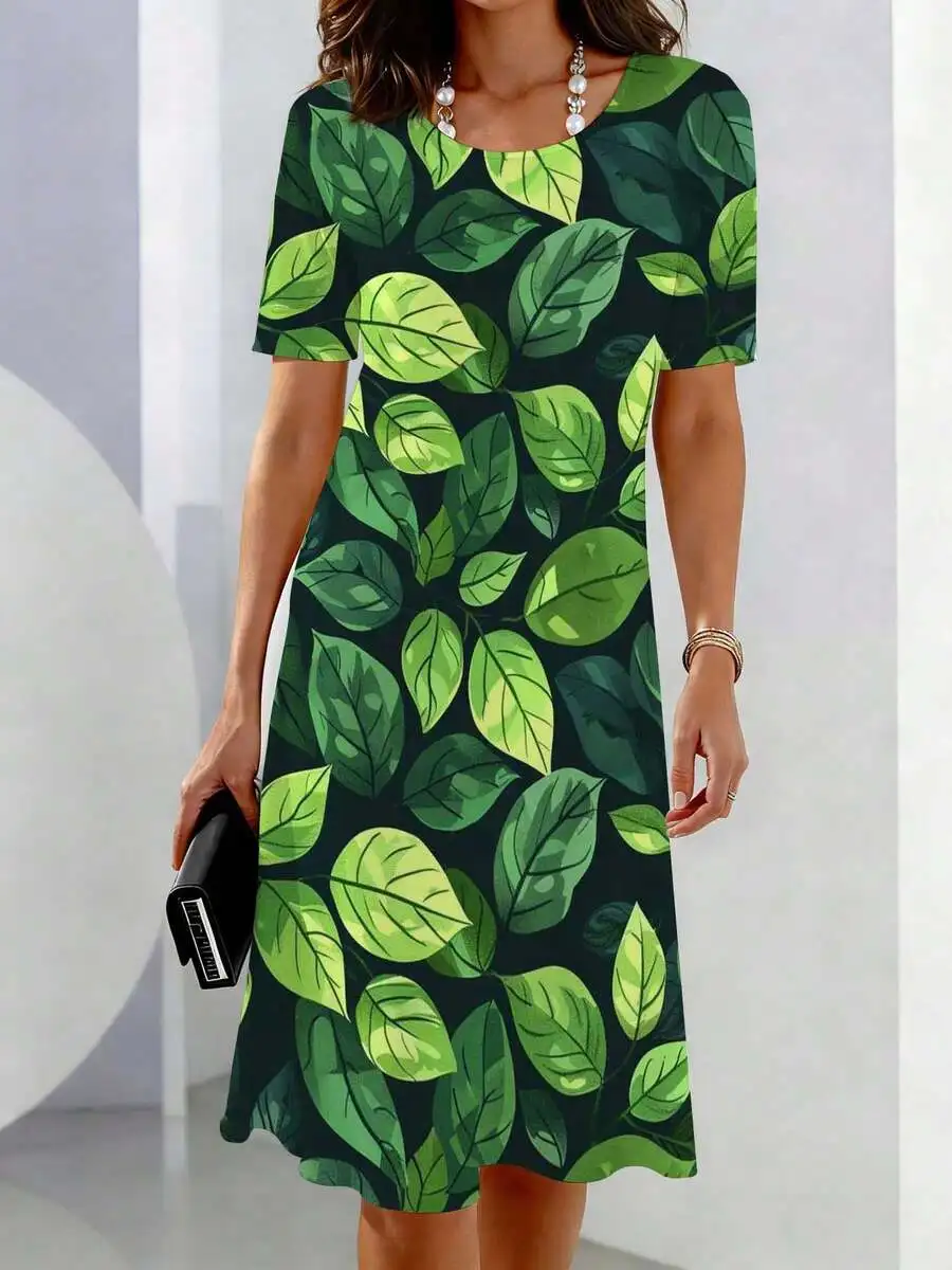Womens Casual Green Leaf Print Short Sleeve Crew Neck Dress For Leisure
Womens Casual Green Leaf Print Short Sleeve Crew Neck Dress For Leisure