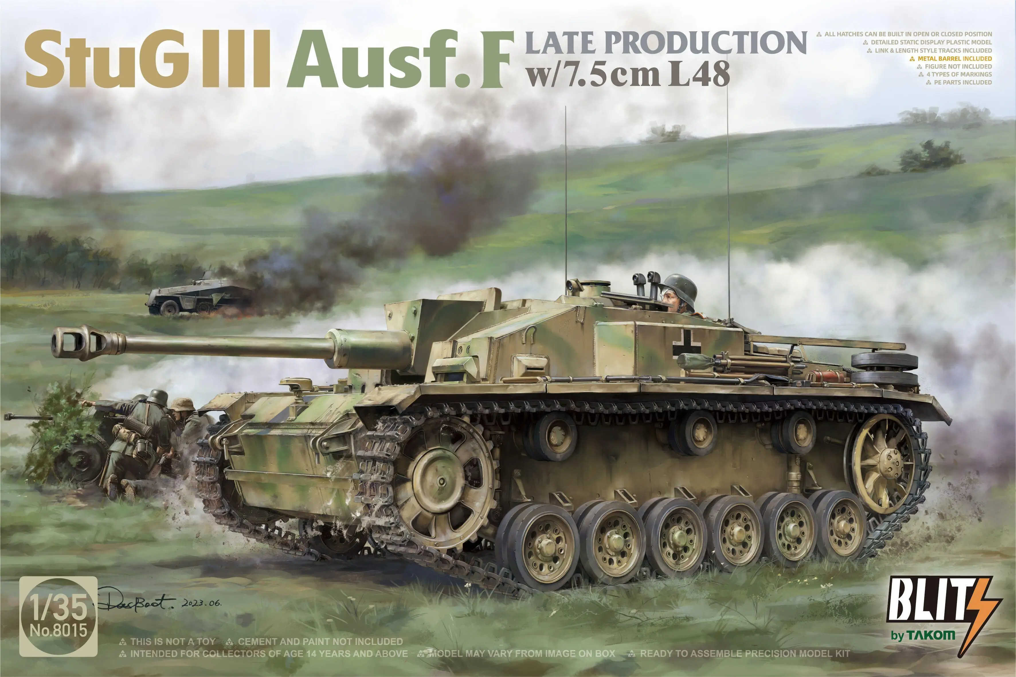 TAKOM 8015 1/35 StuG III Ausf.F поздний выпуск с комплектом моделей L48 7,5 см
TAKOM 8015 1/35 StuG III Ausf.F поздний выпуск с комплектом моделей L48 7,5 см