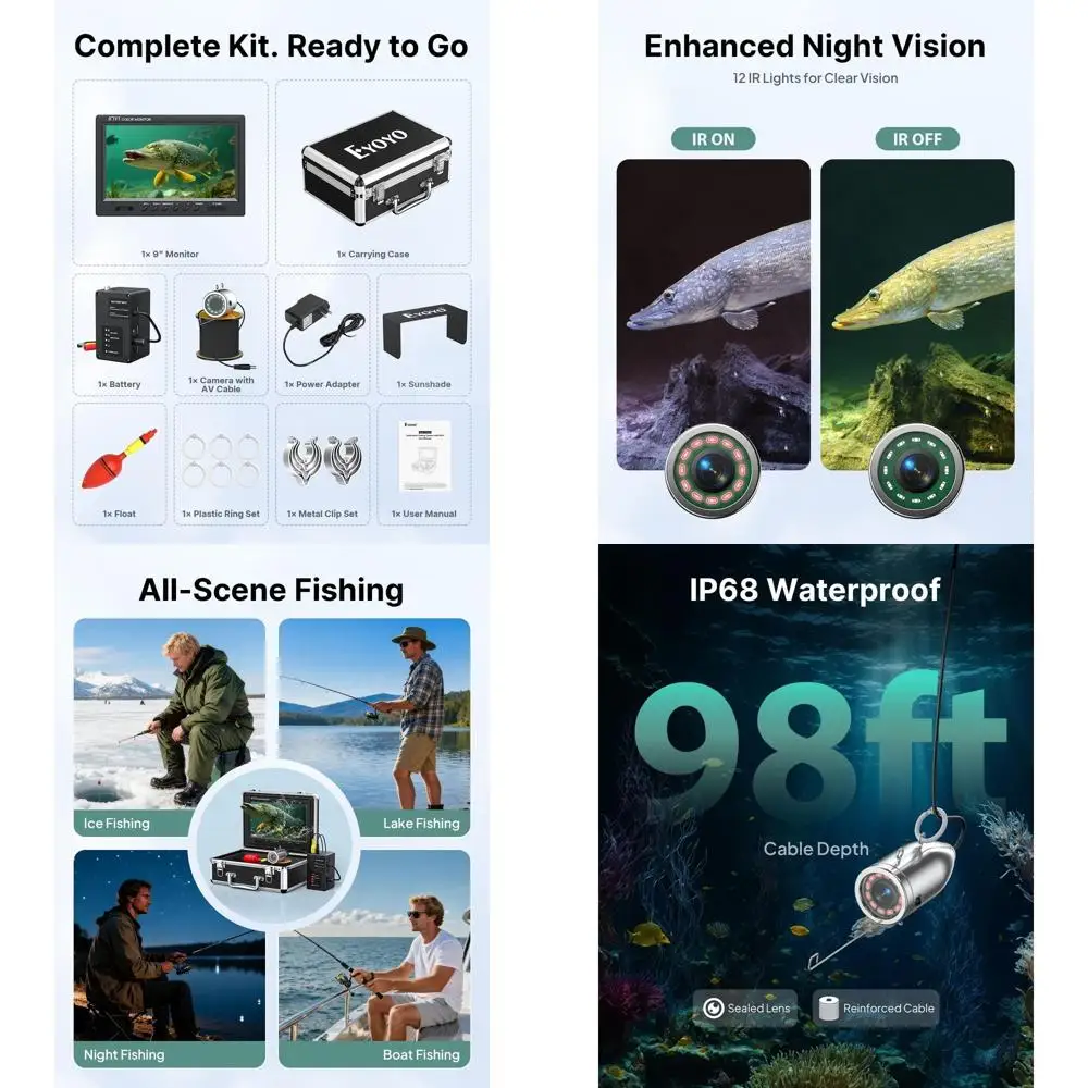 Подводная камера для рыбалки 9 1080P HD с 12 ИК-подсветками, глубина до 30 м, видеорегистратор для морской, озерной и подледной рыбалки
Подводная камера для рыбалки 9 1080P HD с 12 ИК-подсветками, глубина до 30 м, видеорегистратор для морской, озерной и подледной рыбалки