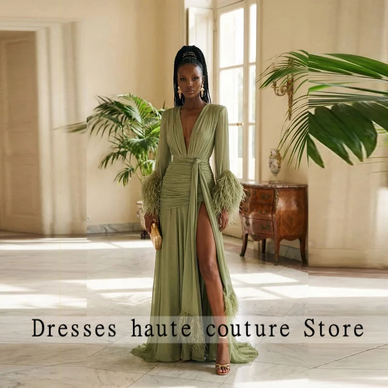 Sage Green Chiffon Evening Dress with Feather Cuffs - Deep V Neck Ruched Waist High Slit Formal Gown for Women Wedding Guest
Sage Green Chiffon Evening Dress with Feather Cuffs - Deep V Neck Ruched Waist High Slit Formal Gown for Women Wedding Guest