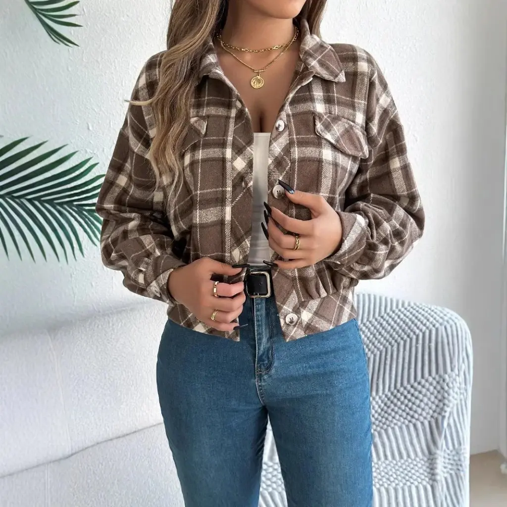 Women's Autumn Winter Plaid Woolen Cloth Jacket Long Sleeve Independent Station Fashion Leisure Coat for Ladies 
Women's Autumn Winter Plaid Woolen Cloth Jacket Long Sleeve Independent Station Fashion Leisure Coat for Ladies
