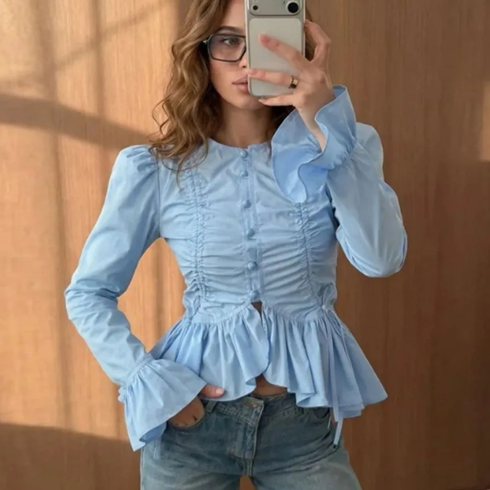 Flare Sleeves Women's Shirt Solid Color Ruffle Hem Single Breasted Shirt Drawstring Round Neck Long Sleeve Shirt
Flare Sleeves Women's Shirt Solid Color Ruffle Hem Single Breasted Shirt Drawstring Round Neck Long Sleeve Shirt