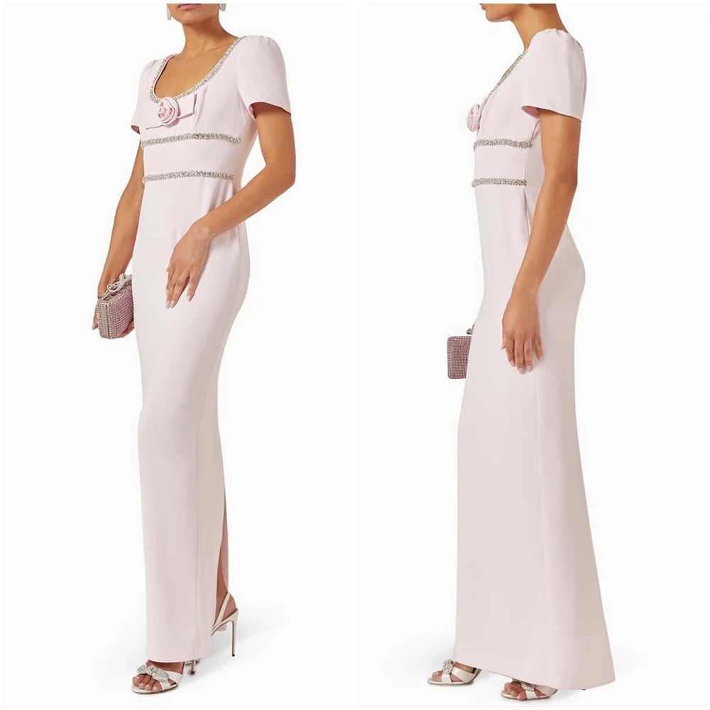 Pale Pink Evening Dress Square Neck Crystal Flower Jersey Evening Gowns Short Sleeves Straight Slit Prom Dress Customized
Pale Pink Evening Dress Square Neck Crystal Flower Jersey Evening Gowns Short Sleeves Straight Slit Prom Dress Customized