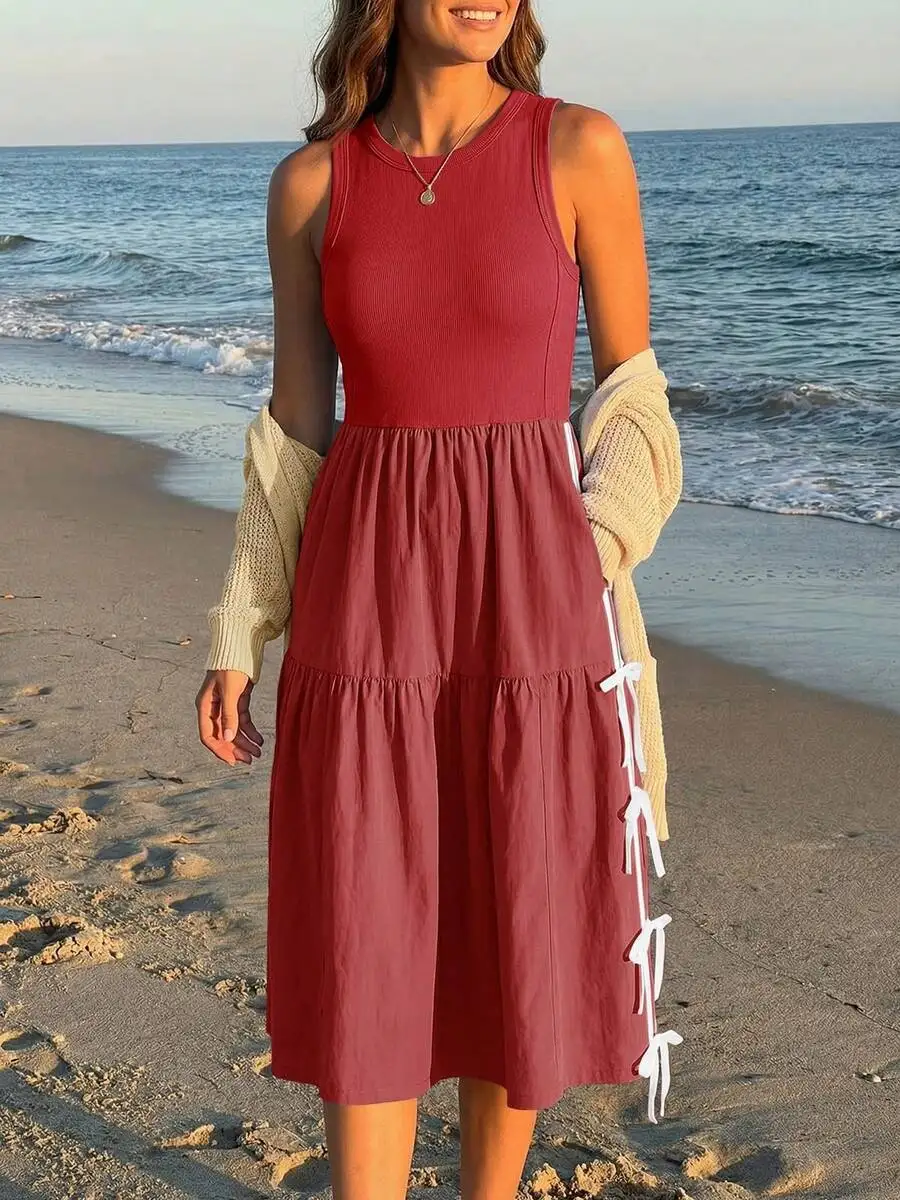 Women Sleeveless Midi Dress Summer Ribbed Knit Tiered Self-Tie Bow Loose Tank Dress With Pockets
Women Sleeveless Midi Dress Summer Ribbed Knit Tiered Self-Tie Bow Loose Tank Dress With Pockets