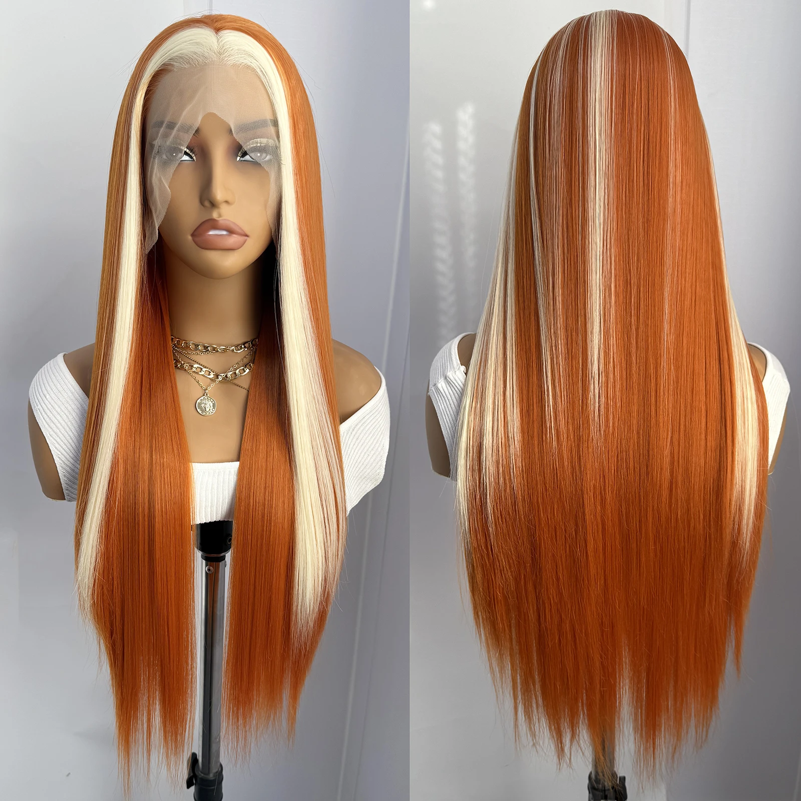 Orange Wig with Blonde Highlights Long Silky Straight Synthetic Lace Front Wigs for Women Natural Hairline Daily Use Wig
Orange Wig with Blonde Highlights Long Silky Straight Synthetic Lace Front Wigs for Women Natural Hairline Daily Use Wig