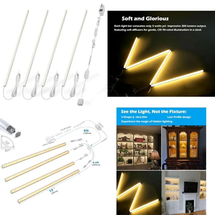 V-Shape Under Cabinet Lighting Kit - 4pcs 12" Dimmable Slim LED Light Bars for Showcase Shelf Seamless Illumination - 1200lm, 1
V-Shape Under Cabinet Lighting Kit - 4pcs 12" Dimmable Slim LED Light Bars for Showcase Shelf Seamless Illumination - 1200lm, 1