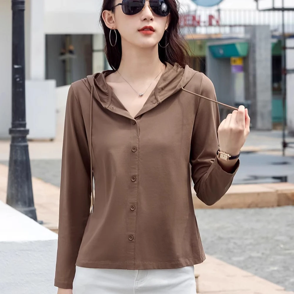 Cotton hooded T-shirt for women long sleeved loose casual top with cap spring and autumn thin design can be worn as a base coat
Cotton hooded T-shirt for women long sleeved loose casual top with cap spring and autumn thin design can be worn as a base coat