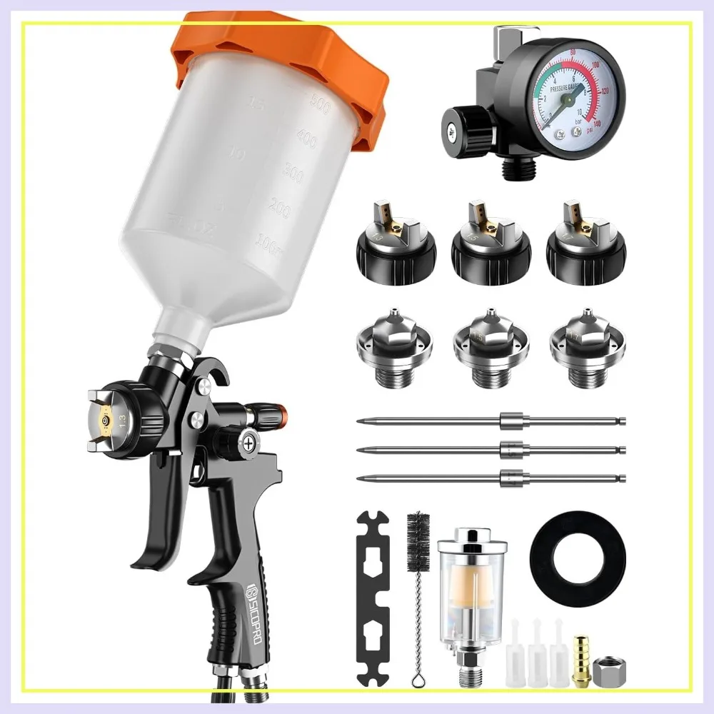 Air Paint Sprayer Gun 1.3/1.5/1.7mm Nozzles for Cars House Painting, LVLP with Oil-Water Separator & Regulator
Air Paint Sprayer Gun 1.3/1.5/1.7mm Nozzles for Cars House Painting, LVLP with Oil-Water Separator & Regulator