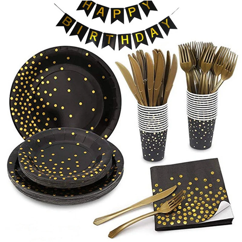 Black Birthday Party Decoration Disposable Plate Paper Cup Paper Towel Cutlery Set Hot Stamping Happy Birthday Bunting
Black Birthday Party Decoration Disposable Plate Paper Cup Paper Towel Cutlery Set Hot Stamping Happy Birthday Bunting