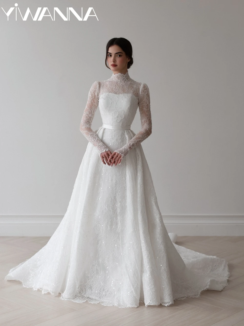 Detachable Train Shiny Bedaed Lace Long Wedding Dress Modest High Collar Bridal Gown Customized Long Sleeve Dresses For Bride
Detachable Train Shiny Bedaed Lace Long Wedding Dress Modest High Collar Bridal Gown Customized Long Sleeve Dresses For Bride