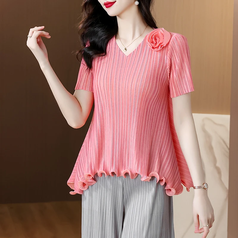 New Summer Casual Pleated Tops Women 2025 Fashion High Elastic Large Size Flower Slimming Elegant V-neck T-shirt Bottoming Shirt
New Summer Casual Pleated Tops Women 2025 Fashion High Elastic Large Size Flower Slimming Elegant V-neck T-shirt Bottoming Shirt