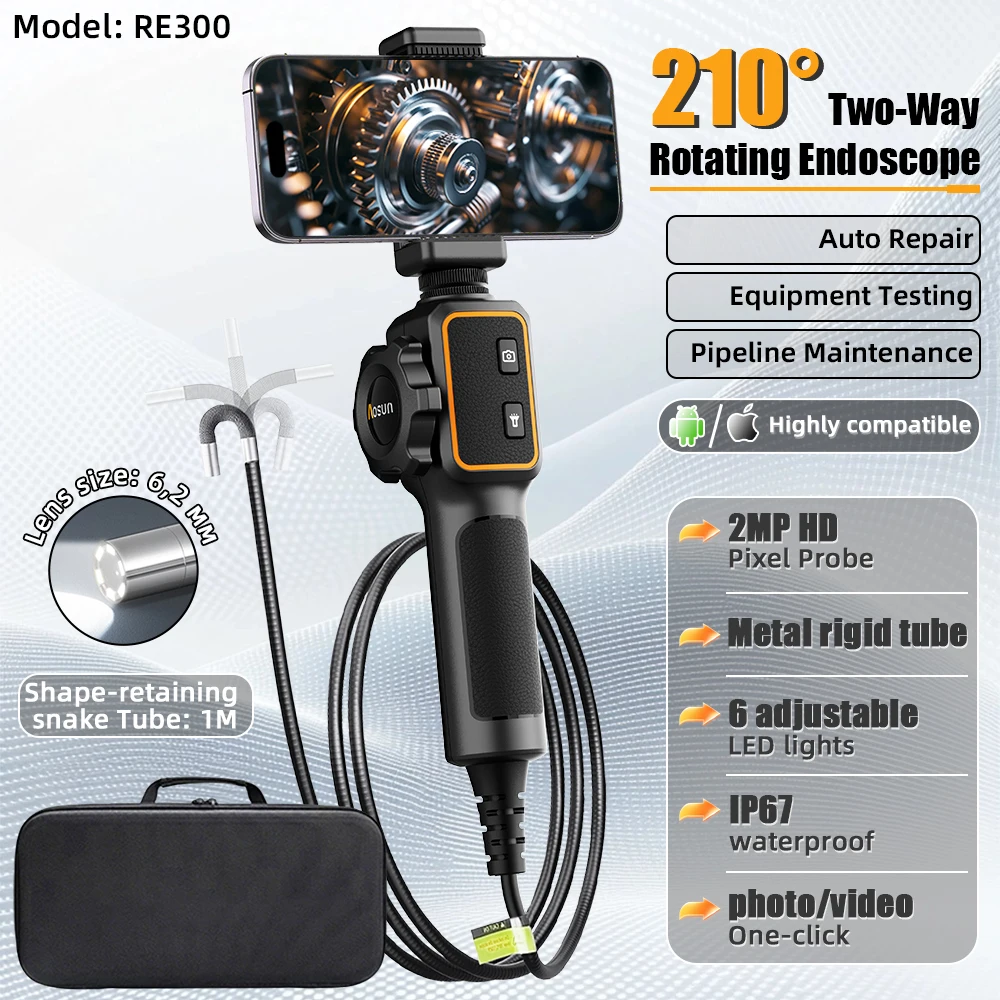RE300 6.2mm Lens Two‑way 210° Articulating 2.0MP Endoscope Camera and 1m Shape-retaining snake Tube for Android and iOS
RE300 6.2mm Lens Two‑way 210° Articulating 2.0MP Endoscope Camera and 1m Shape-retaining snake Tube for Android and iOS