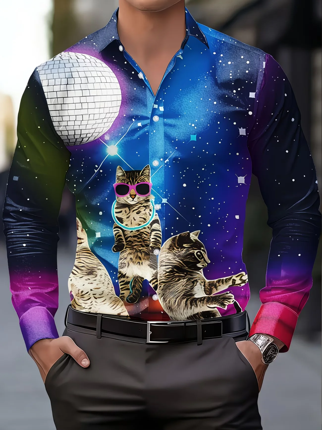 New Disco Cat Starry Sky Printed Men's Long Sleeve Shirt with Personalized Fun Trendy Brand Style Casual Flower Shirt
New Disco Cat Starry Sky Printed Men's Long Sleeve Shirt with Personalized Fun Trendy Brand Style Casual Flower Shirt