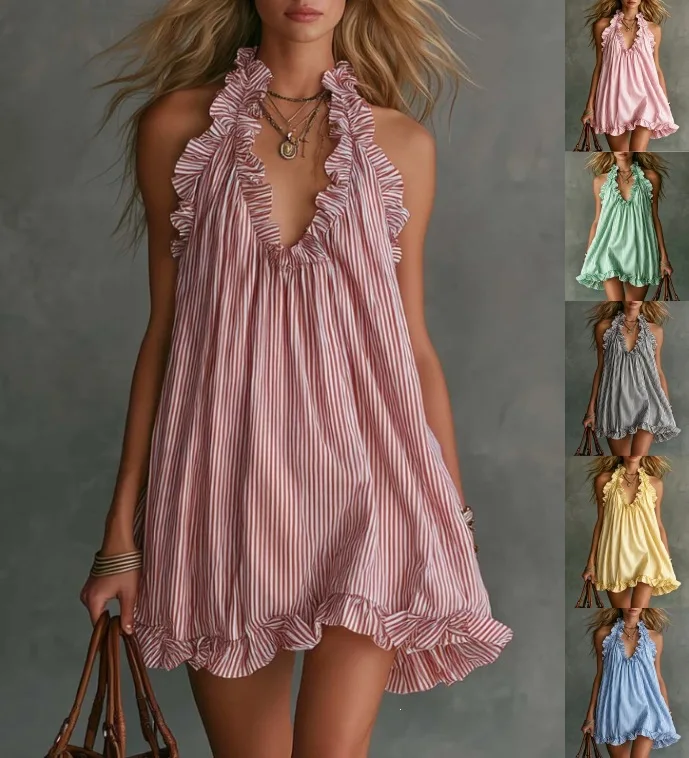 SKMY 2026 New Casual Ruffles Vacation Style Fashion Sleeveless Halter Neck Dress Summer Women Clothing Striped Short Dresses
SKMY 2026 New Casual Ruffles Vacation Style Fashion Sleeveless Halter Neck Dress Summer Women Clothing Striped Short Dresses