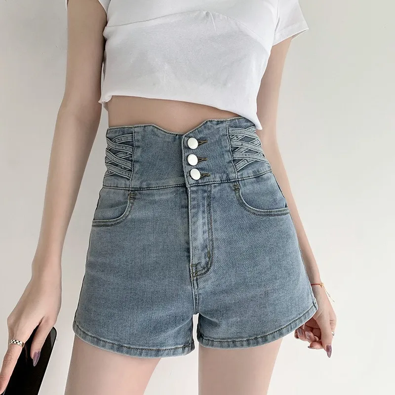 Women's Light Blue High-Waisted Denim Shorts, Lace-Up Side Detail Button-Fly Jean Shorts, Casual Slim-Fit Summer Shorts
Women's Light Blue High-Waisted Denim Shorts, Lace-Up Side Detail Button-Fly Jean Shorts, Casual Slim-Fit Summer Shorts