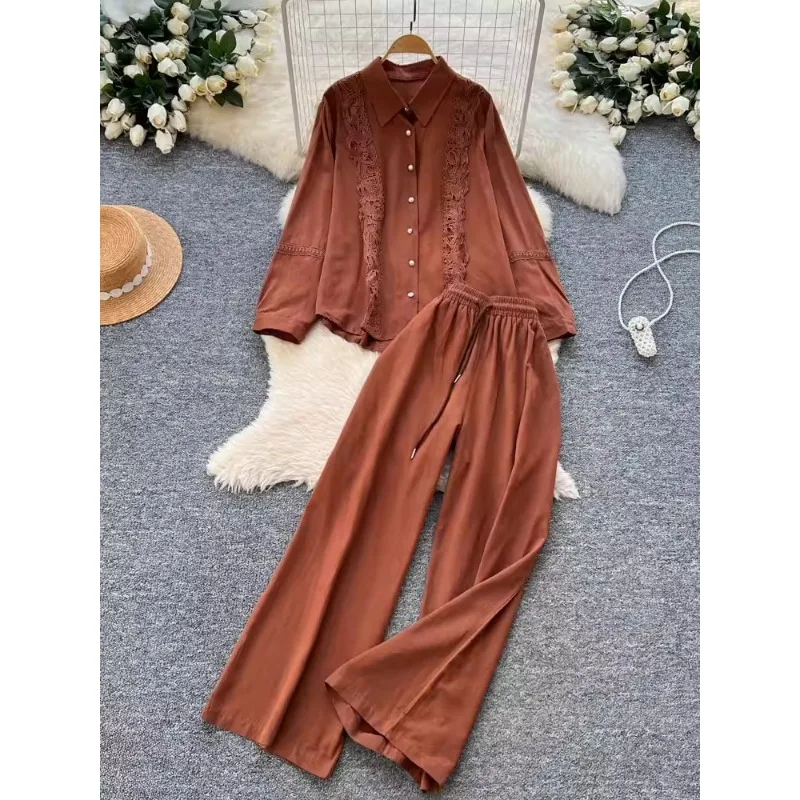 Autumn Casual Pants Set Wear Women's Loose Vintage Lace Stitching Long-sleeved Single-breasted Shirt High Waist Wide-leg Pants
Autumn Casual Pants Set Wear Women's Loose Vintage Lace Stitching Long-sleeved Single-breasted Shirt High Waist Wide-leg Pants