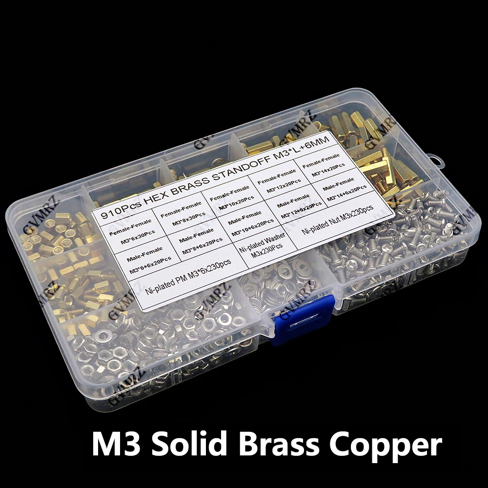 910PCS M3 Solid Brass Copper Pillar Spacer Column Screw Nut Assortment Kit Set PCB Board Hex Hexagon Standoff
910PCS M3 Solid Brass Copper Pillar Spacer Column Screw Nut Assortment Kit Set PCB Board Hex Hexagon Standoff