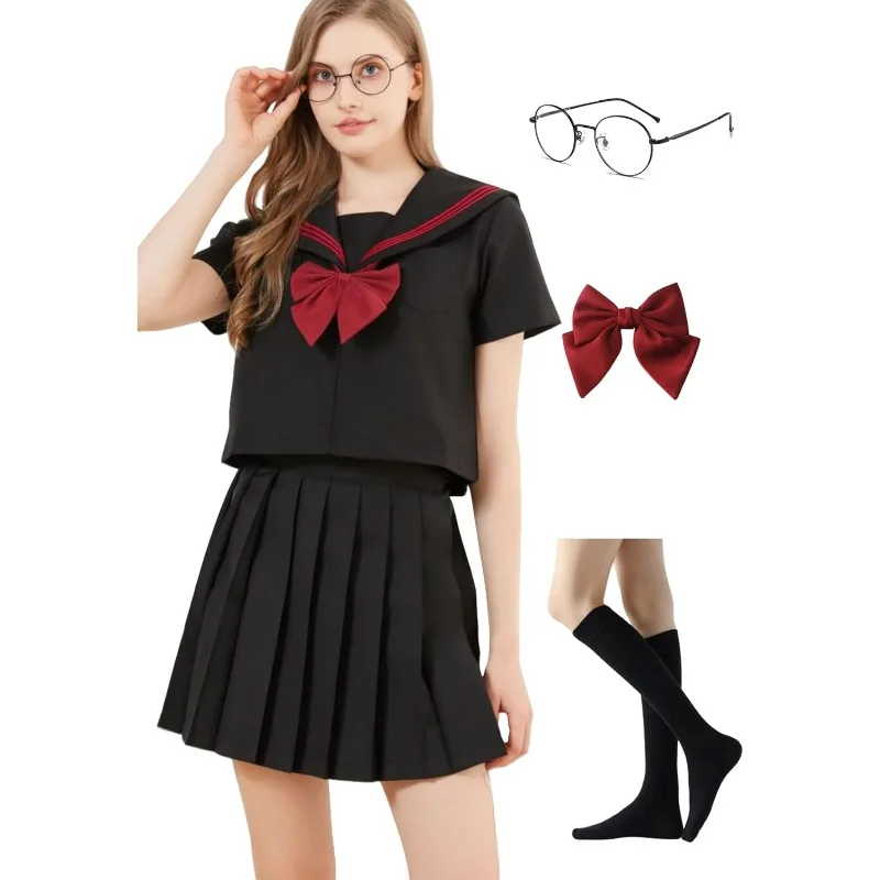 Women's School Girls Costume Japanese Sailor Uniform Short Sleeve Anime Cosplay Outfit Pleated Skirt with Glasses Full Set
Women's School Girls Costume Japanese Sailor Uniform Short Sleeve Anime Cosplay Outfit Pleated Skirt with Glasses Full Set