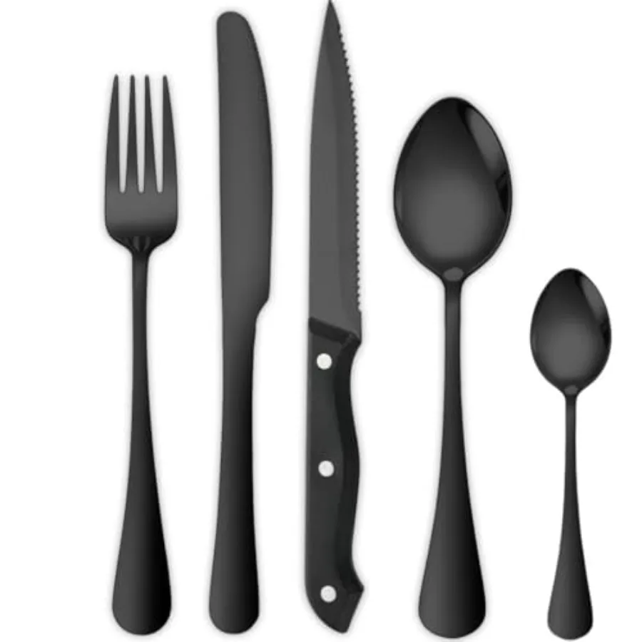 Black Stainless Steel Cutlery Set: 30-Piece Cutlery with Steak Knife - Silver Forks and Spoons for Everyday Use
Black Stainless Steel Cutlery Set: 30-Piece Cutlery with Steak Knife - Silver Forks and Spoons for Everyday Use