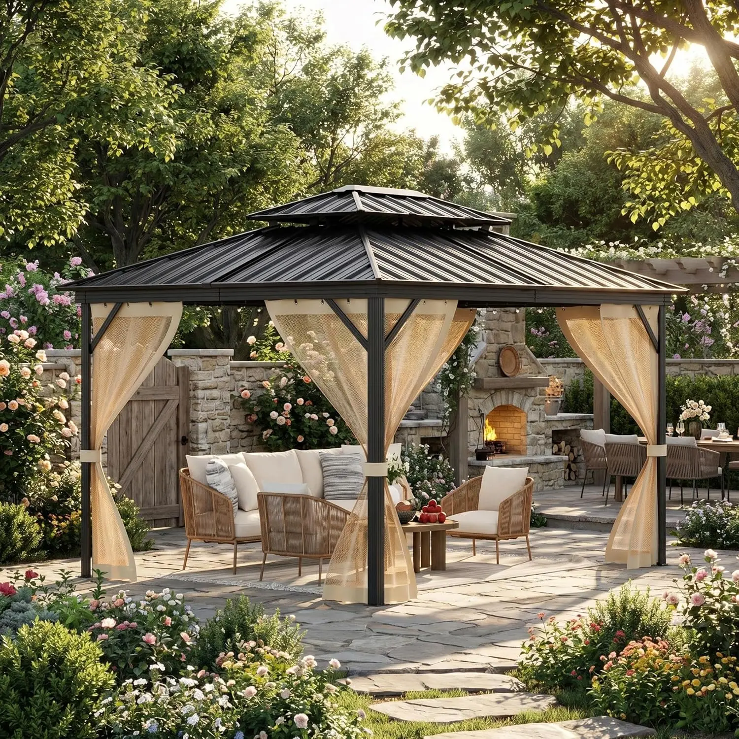 10' x 14' Hardtop Gazebo with Galvanized Steel Double Roof, Heavy Duty Outdoor Gazebo with Netting & Curtains for Patio, Backyard, Deck & Lawn,Garden Supplies
10' x 14' Hardtop Gazebo with Galvanized Steel Double Roof, Heavy Duty Outdoor Gazebo with Netting & Curtains for Patio, Backyard, Deck & Lawn,Garden Supplies