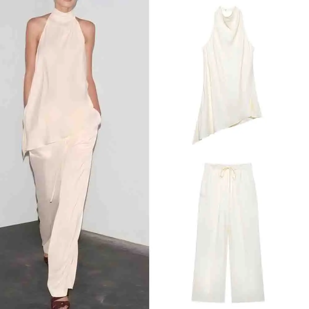 Women's New Fashion Split Asymmetric Design Casual Satin Texture Hanging Neck Top Sleeveless Women's Shirt chic Top+Pants suit
Women's New Fashion Split Asymmetric Design Casual Satin Texture Hanging Neck Top Sleeveless Women's Shirt chic Top+Pants suit