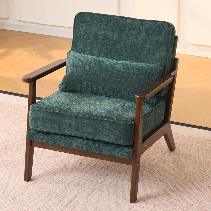 Mid-Century Modern Lounge Chair for Living Room, Bedroom, Indoor Use Green Fabric, Solid Wood Armrests, Lumbar Pillow Support
Mid-Century Modern Lounge Chair for Living Room, Bedroom, Indoor Use Green Fabric, Solid Wood Armrests, Lumbar Pillow Support