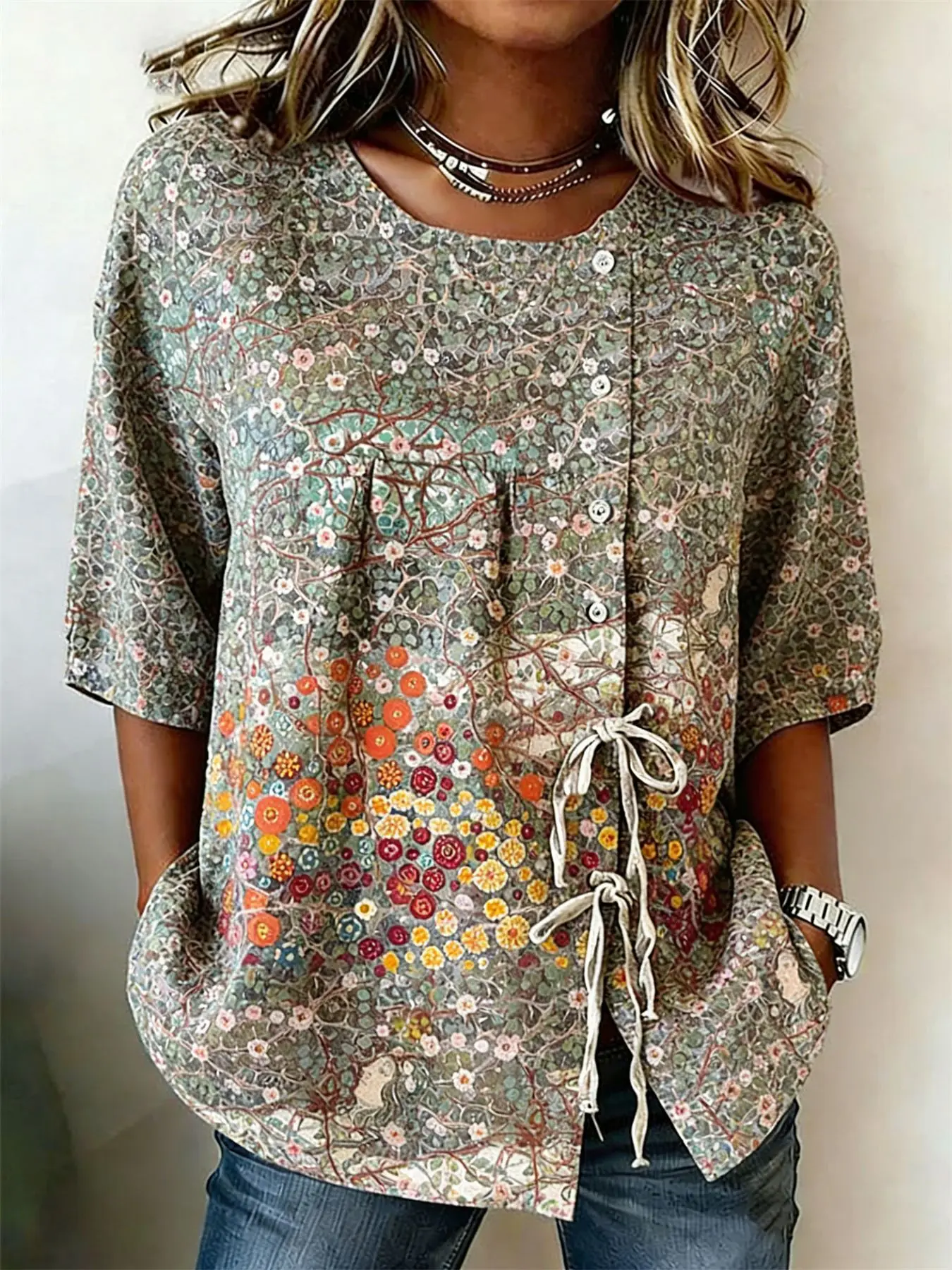 Women's Vintage Art Floral Print Drawstring Button Up Blouse, Casual Round Neck Tops for Spring Summer Daily Vacation Wear
Women's Vintage Art Floral Print Drawstring Button Up Blouse, Casual Round Neck Tops for Spring Summer Daily Vacation Wear
