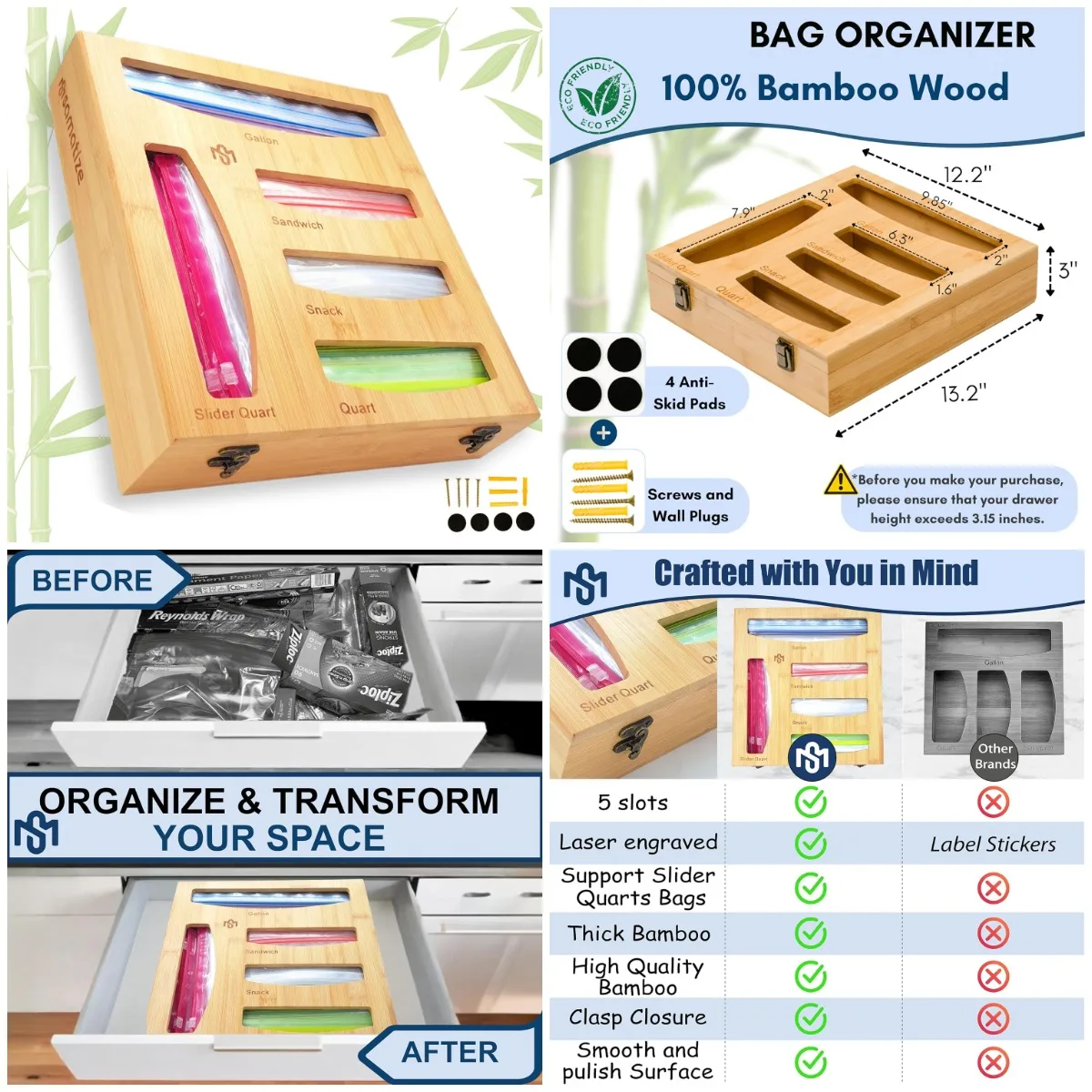 Bamboo Baggie Organizer, 5-Slot Drawer or Wall Mount Storage Holder for Gallon, Quart, Sandwich & Snack Bags
Bamboo Baggie Organizer, 5-Slot Drawer or Wall Mount Storage Holder for Gallon, Quart, Sandwich & Snack Bags