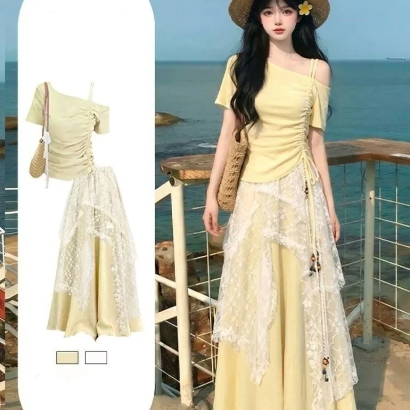 Women's Bohemian Yellow Slim Skew Collar T-Shirts Pants Skirts Two Piece Set Lady Summer Beach Seaside Travel Tops Skirt Outfits
Women's Bohemian Yellow Slim Skew Collar T-Shirts Pants Skirts Two Piece Set Lady Summer Beach Seaside Travel Tops Skirt Outfits