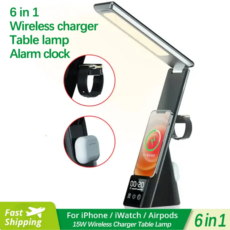 6IN1 Alarm Clock 15W Wireless Charger Table Lamp Stand for IPhone 15 14 13 Pro Max Fast Charging Station for Apple Watch AirPods
6IN1 Alarm Clock 15W Wireless Charger Table Lamp Stand for IPhone 15 14 13 Pro Max Fast Charging Station for Apple Watch AirPods