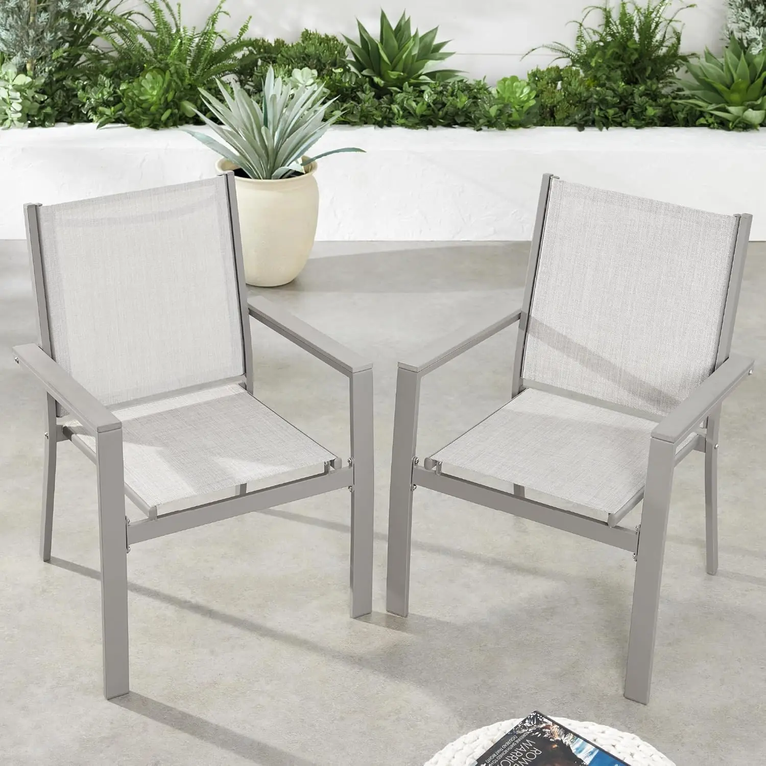 Set of 2 Stackable Outdoor Textilene Chairs, All-Weather Conversation Dining Accent Furniture w/Armrests - Gray/Gray
Set of 2 Stackable Outdoor Textilene Chairs, All-Weather Conversation Dining Accent Furniture w/Armrests - Gray/Gray