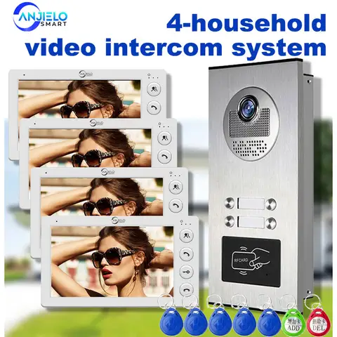 ANJIELO 4 Unit Multi Apartments Intercom Video Doorbell with RFID Card Unlock 7inch 4Wired Video Door Phone System
