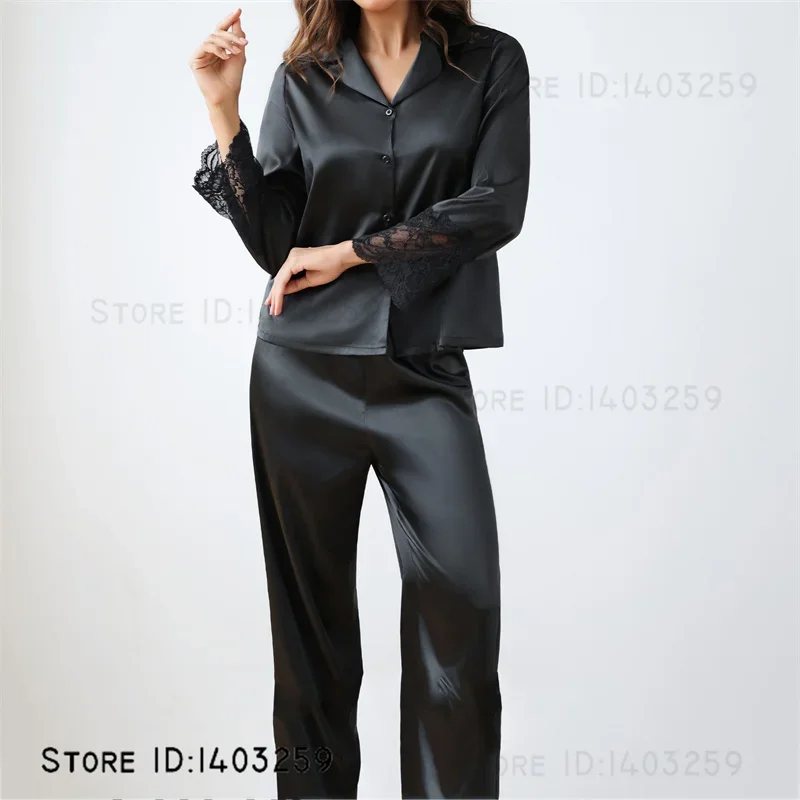 Spring Autumn New Female Pajamas Set Sexy Patchwork Lace Trouser Pijamas Suit Loose Casual Ice Silk Home Clothes Lounge Wear 
Spring Autumn New Female Pajamas Set Sexy Patchwork Lace Trouser Pijamas Suit Loose Casual Ice Silk Home Clothes Lounge Wear