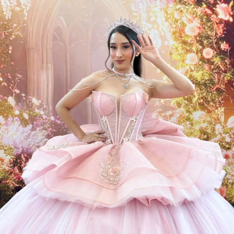 Light Pink Quinceanera Dress off-shoulder Glitter 3D Flower Decal Layering Long tail Bow vestidos de 15 Quinceanera Customize
Light Pink Quinceanera Dress off-shoulder Glitter 3D Flower Decal Layering Long tail Bow vestidos de 15 Quinceanera Customize