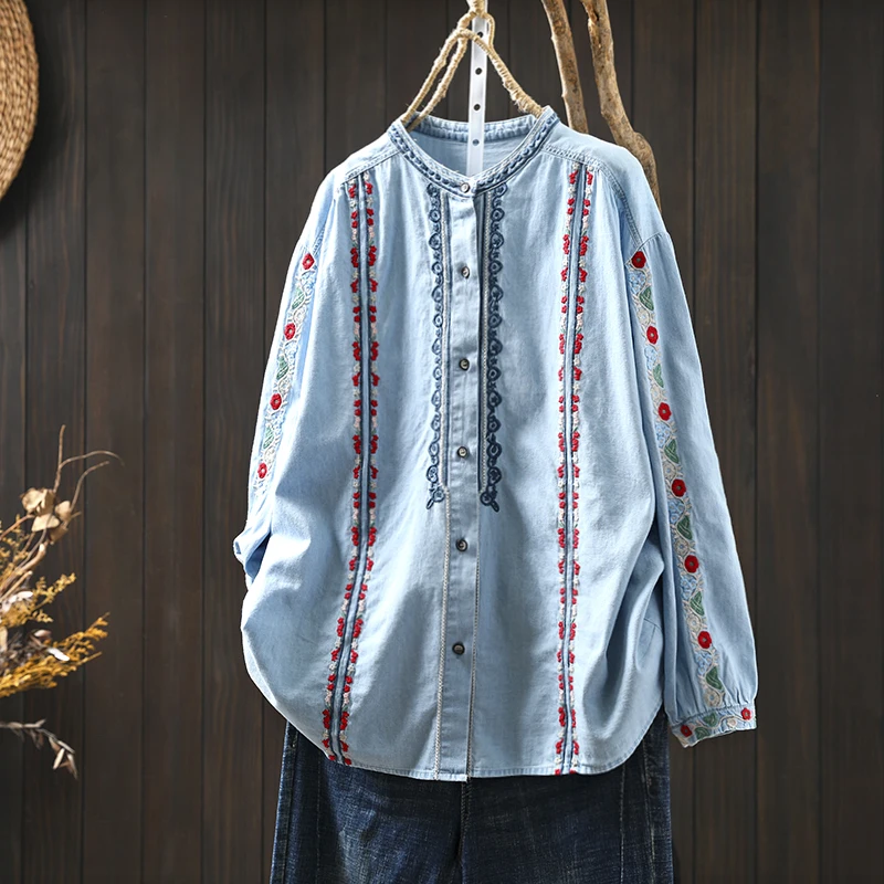 New Chinese Ethnic Style Vintage Embroidery 100% Cotton Shirts Women Spring Summer Stand Collar Long Sleeve Casual Loose Blouse
New Chinese Ethnic Style Vintage Embroidery 100% Cotton Shirts Women Spring Summer Stand Collar Long Sleeve Casual Loose Blouse