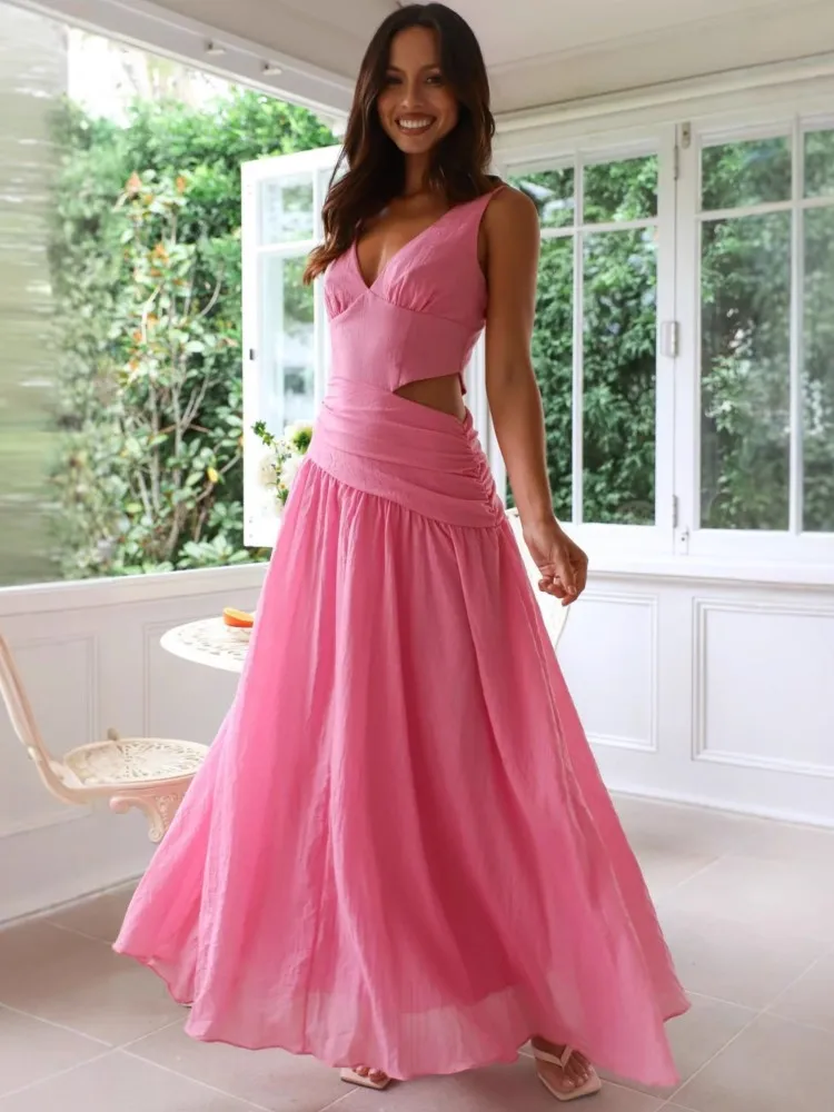 New Summer Casual Sleeveless Pleated Long Dress Fashion Lady V-neck Robe Dress Simple Solid Color Hollow Backless Women's Dress
New Summer Casual Sleeveless Pleated Long Dress Fashion Lady V-neck Robe Dress Simple Solid Color Hollow Backless Women's Dress