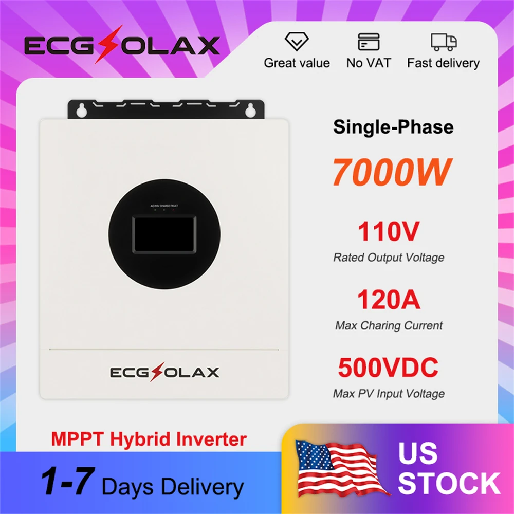 ECGSOLAX 7KW Single Phase Hybrid Solar Converter 48Volt 110V&120V Pure Sine Wave Built-in 120A MPPT Charger WiFi Connection US Local Warehouse Fast Delivery
ECGSOLAX 7KW Single Phase Hybrid Solar Converter 48Volt 110V&120V Pure Sine Wave Built-in 120A MPPT Charger WiFi Connection US Local Warehouse Fast Delivery