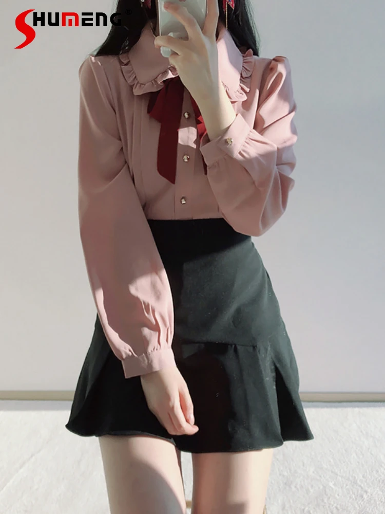 Long Sleeve Doll Collar Chiffon Shirts Blouses Women Summer Bow Pleated Single-Breasted Sweet Pink Commuter Casual Female Tops
Long Sleeve Doll Collar Chiffon Shirts Blouses Women Summer Bow Pleated Single-Breasted Sweet Pink Commuter Casual Female Tops