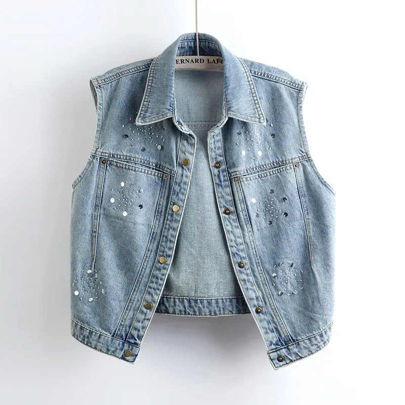 Summer Women High Quality Light Blue Short Denim Vest Fashion Beaded Sequins Lapel Single-Breasted Sleeveless Cowboy Waistcoat
Summer Women High Quality Light Blue Short Denim Vest Fashion Beaded Sequins Lapel Single-Breasted Sleeveless Cowboy Waistcoat